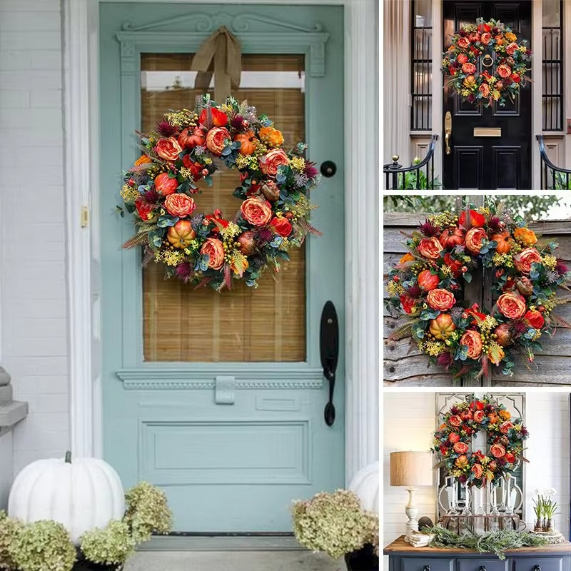 Herfstkrans 40 cm Pioenbloemen en Pompoenen Deurdecoratie
