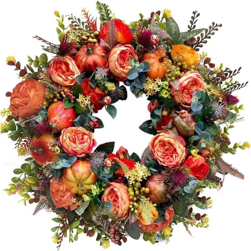 Herfstkrans 40 cm Pioenbloemen en Pompoenen Deurdecoratie
