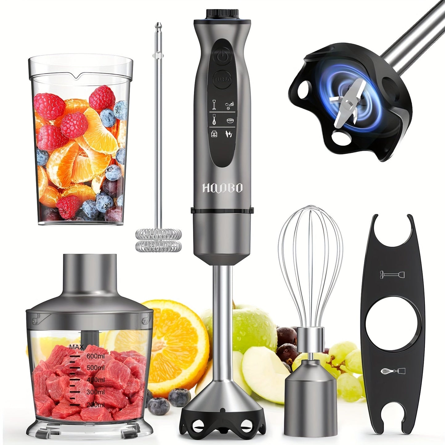 Skanto | 1000W Staafmixer – Handheld, Krachtig, Krastbestendig, Variabele Snelheid en Turbo-modus, Geluidsarm, Inclusief Maatbeker, Hakker, Klopper, Melkopschuimer