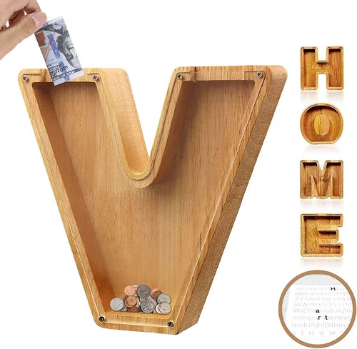 TreasureNest Muntbank | Gepersonaliseerde houten spaarpot in A-Z letterontwerpen