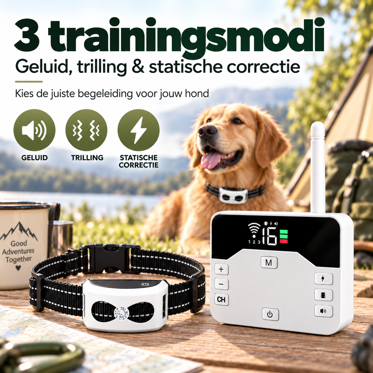 Draadloze Hondenomheining voor Camping & Caravan – 2-in-1 Trainingshalsband