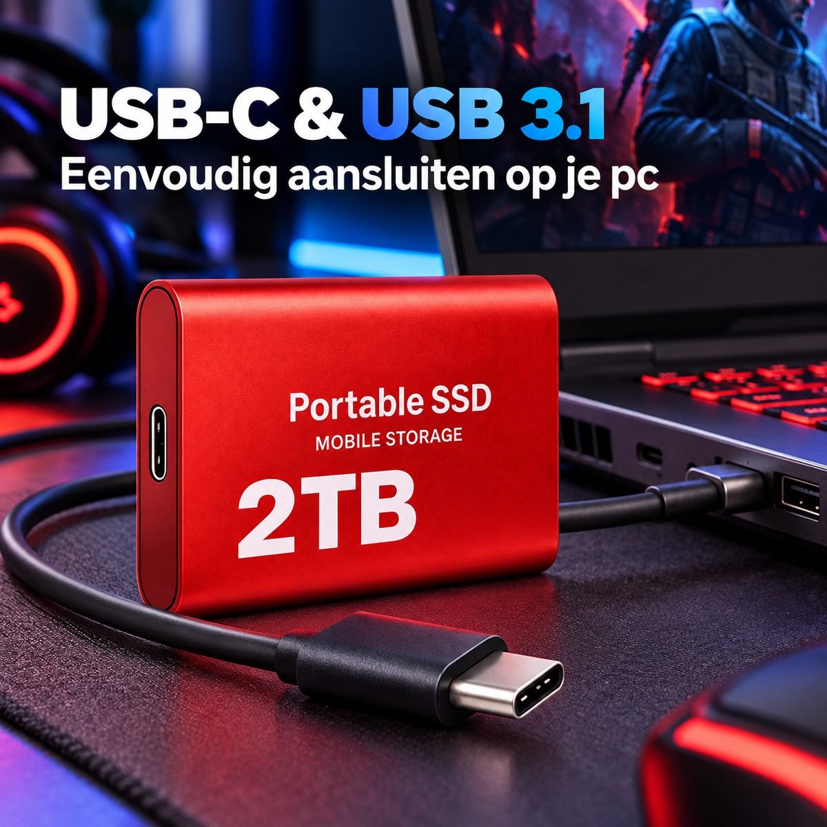 DataSprint Externe SSD 2TB voor PC Gamers – USB-C Opslag tot 1050 MB/s