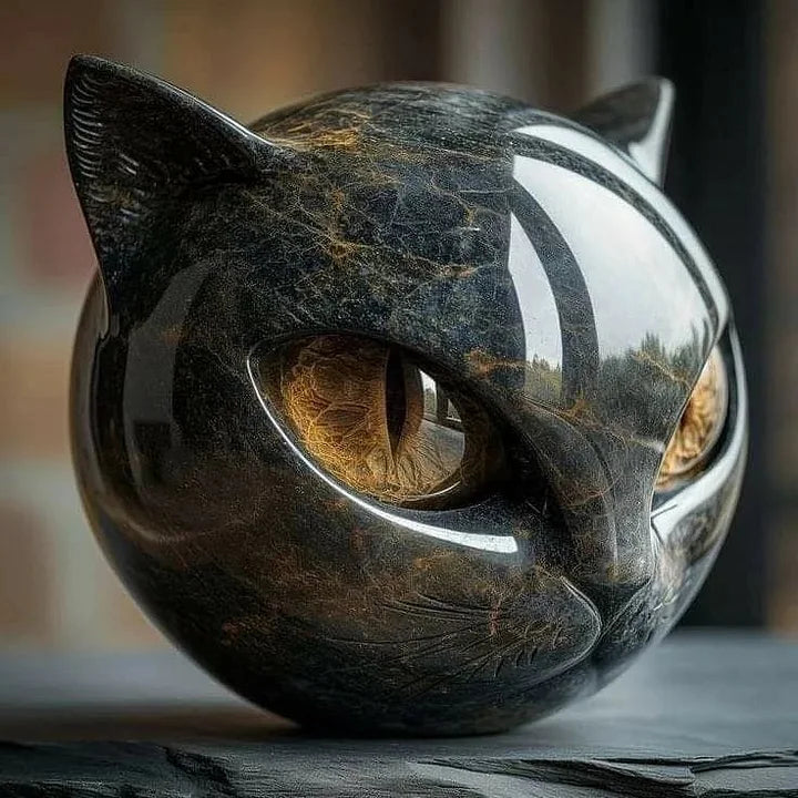 NoirCat Sculptuur – Zwarte Kattenkop met Hypnotiserende Ogen
