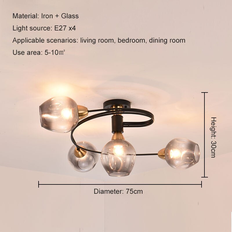 Valentina Flush Mount Plafondlamp, Glas, Zwart/Goud, Eetkamer