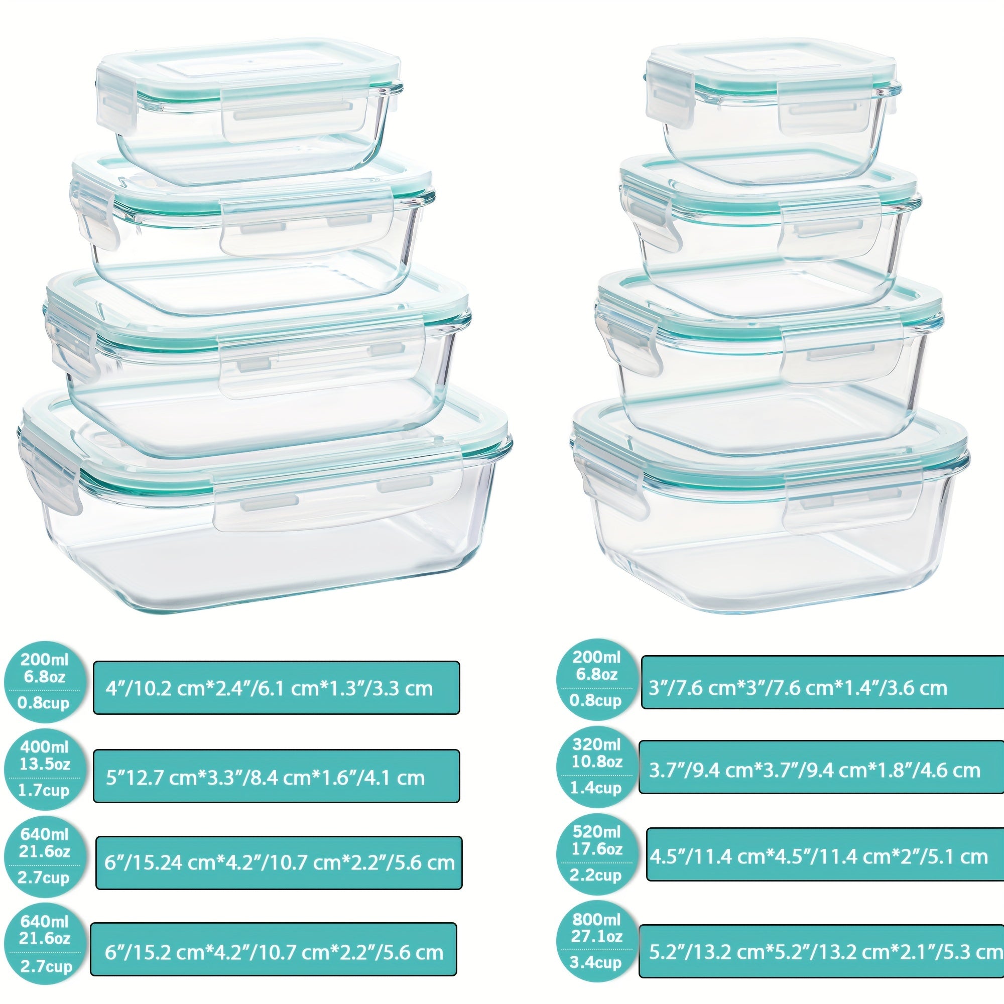 Skanto | 8-Pack Glazen Maaltijdcontainers – Luchtdichte Maaltijd Voorbereiding Bento-dozen met lekvrije, vergrendelbare deksels, magnetron-, oven-, vriezer- en vaatwasmachinebestendig, BPA-vrij