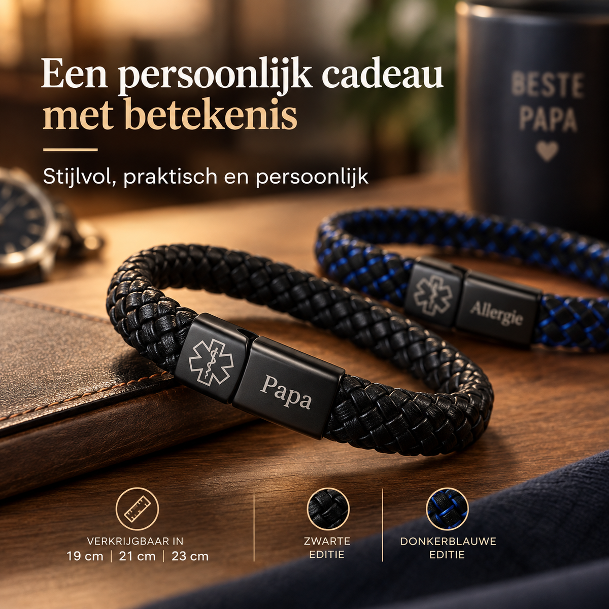 Custom AlertBand | Gepersonaliseerde Medische ID Armband – Cadeau voor Vader of Echtgenoot
