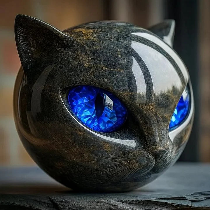 NoirCat Sculptuur – Zwarte Kattenkop met Hypnotiserende Ogen