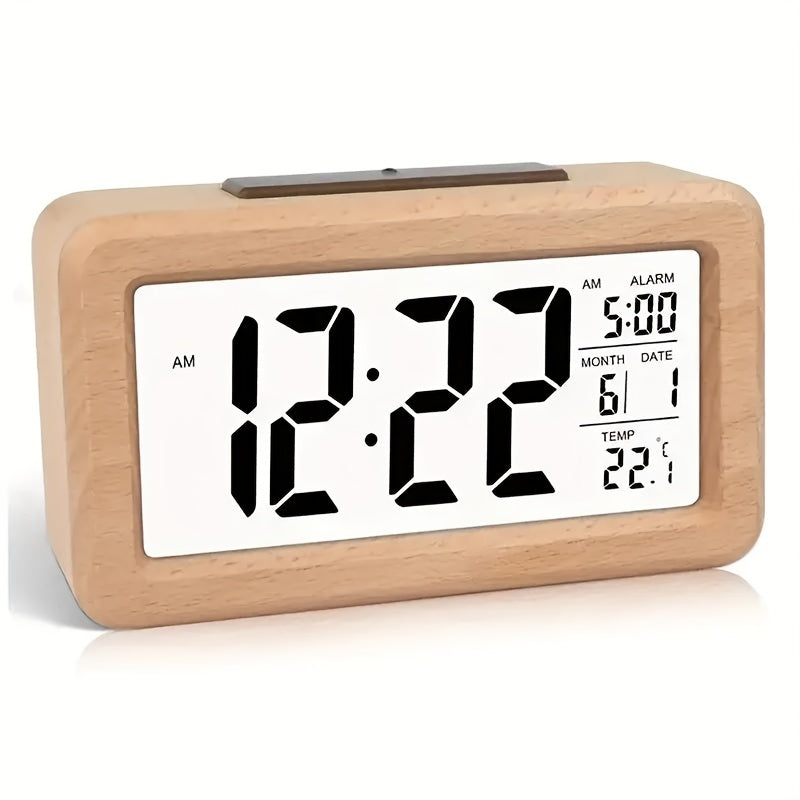 Houten Digitale Alarmklok – LED Display met Temperatuur en Datum