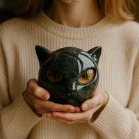 NoirCat Sculptuur – Zwarte Kattenkop met Hypnotiserende Ogen