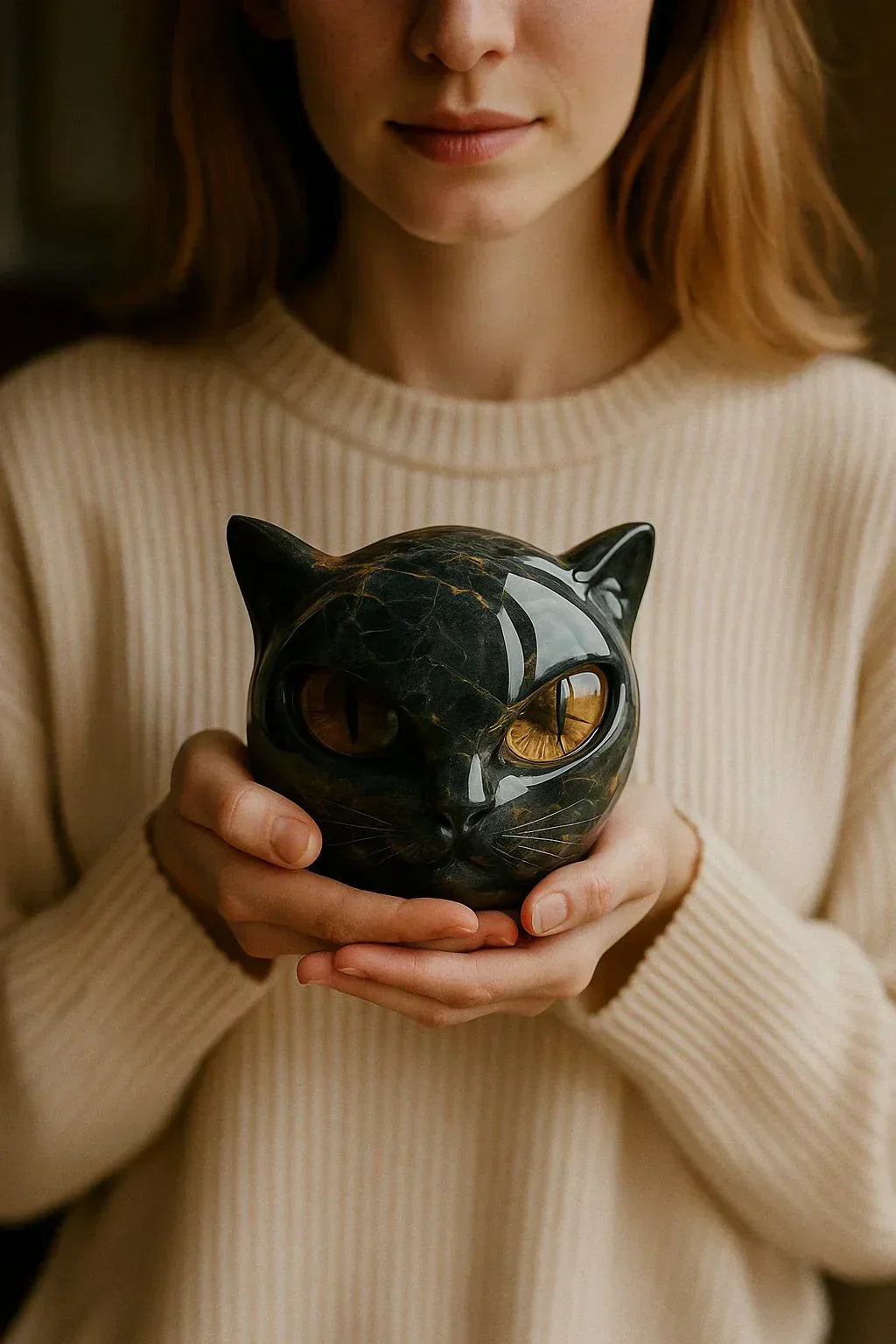 NoirCat Sculptuur – Zwarte Kattenkop met Hypnotiserende Ogen