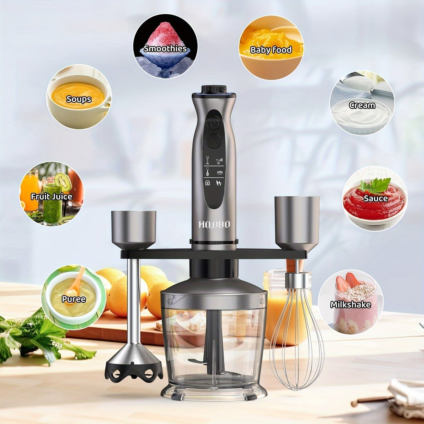 Skanto | 1000W Staafmixer – Handheld, Krachtig, Krastbestendig, Variabele Snelheid en Turbo-modus, Geluidsarm, Inclusief Maatbeker, Hakker, Klopper, Melkopschuimer