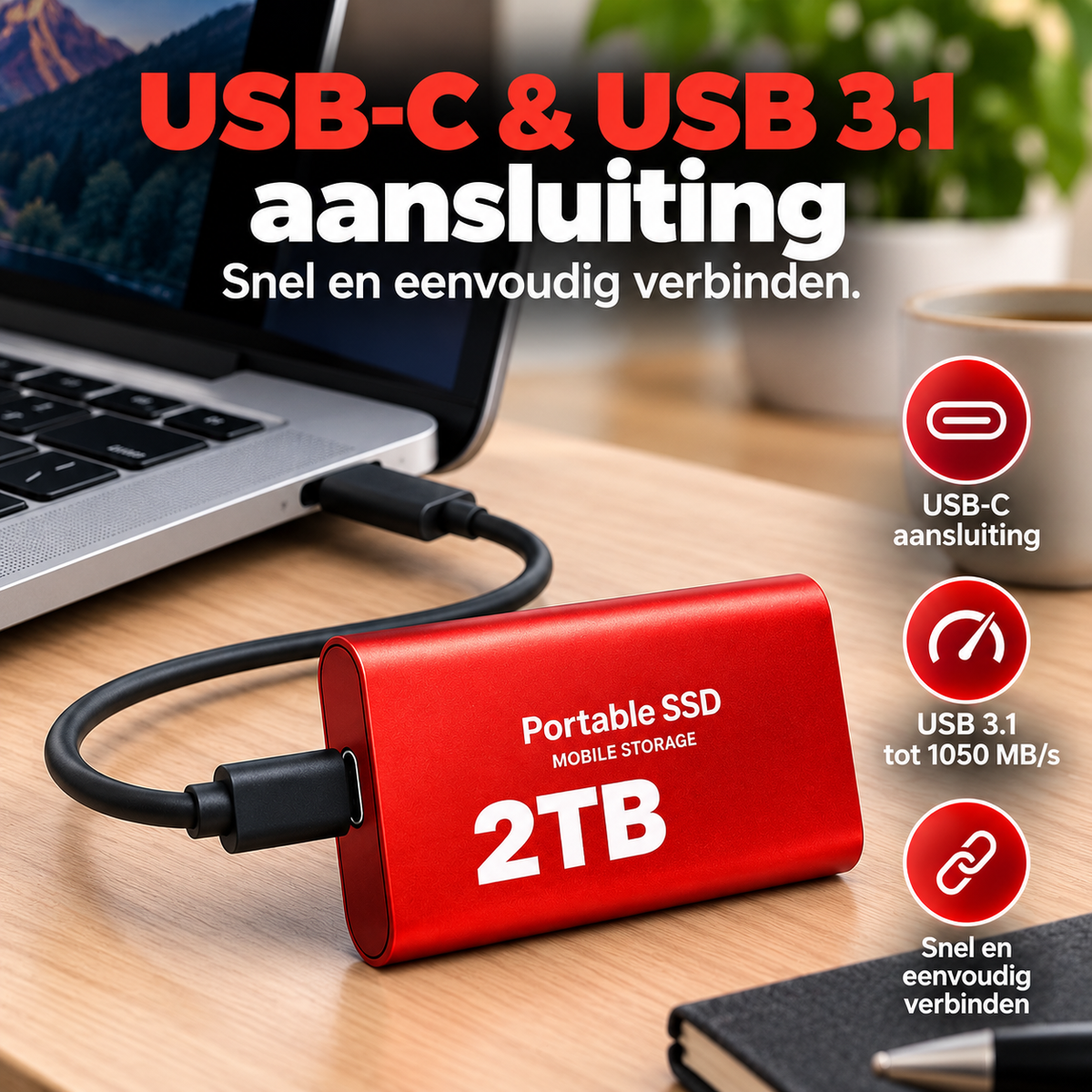 DataSprint Externe SSD 2TB voor Foto’s & Familieback-up – USB-C Opslag tot 1050 MB/s