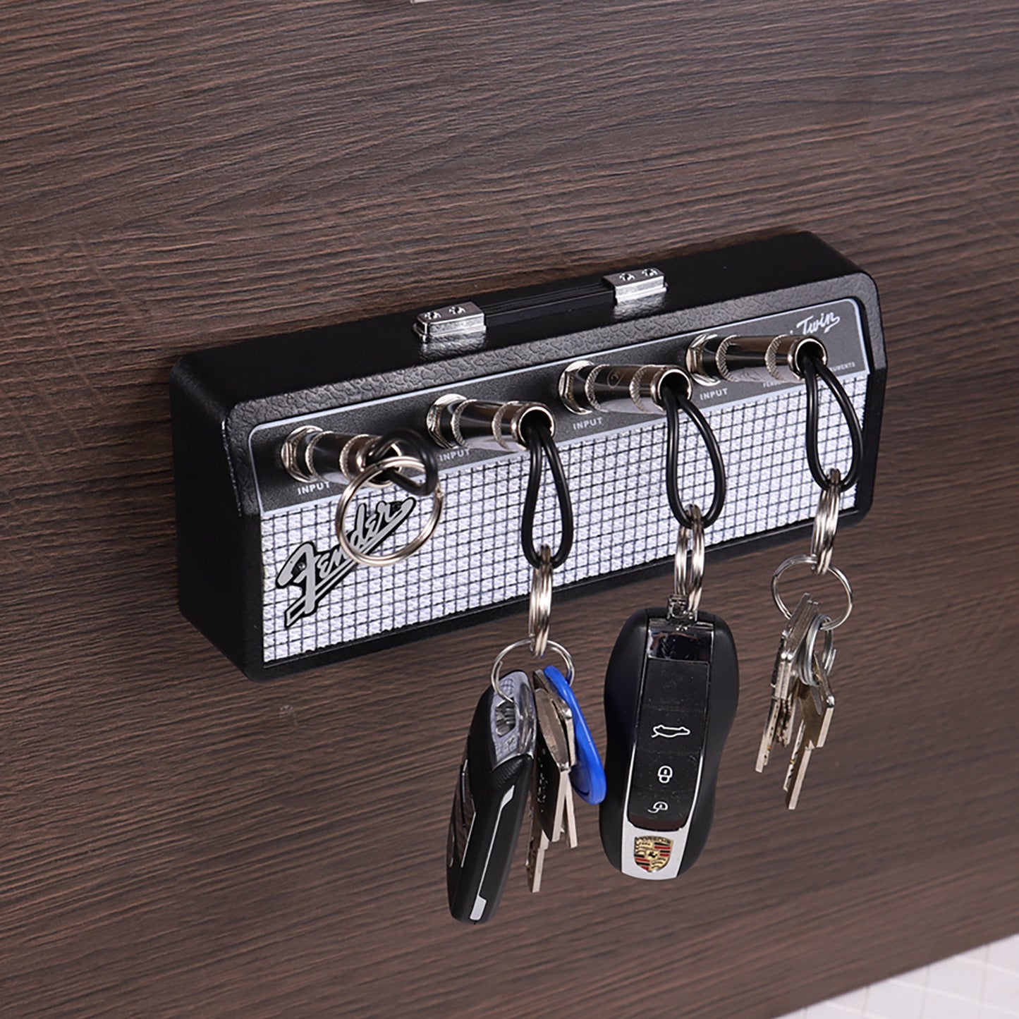 Keyamp Sleutelhanger | Gitaarversterker-Design | Wandmontage Sleutelbord met Jack-ingangen
