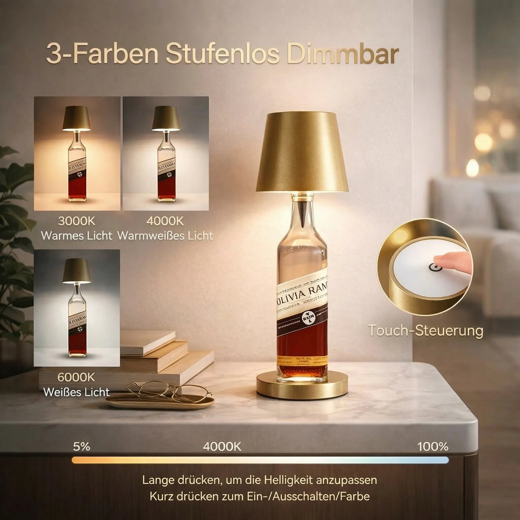 Fleslamp | Fles als Tafellamp | Oplaadbare Tafellamp | Flesstop | LumiFles