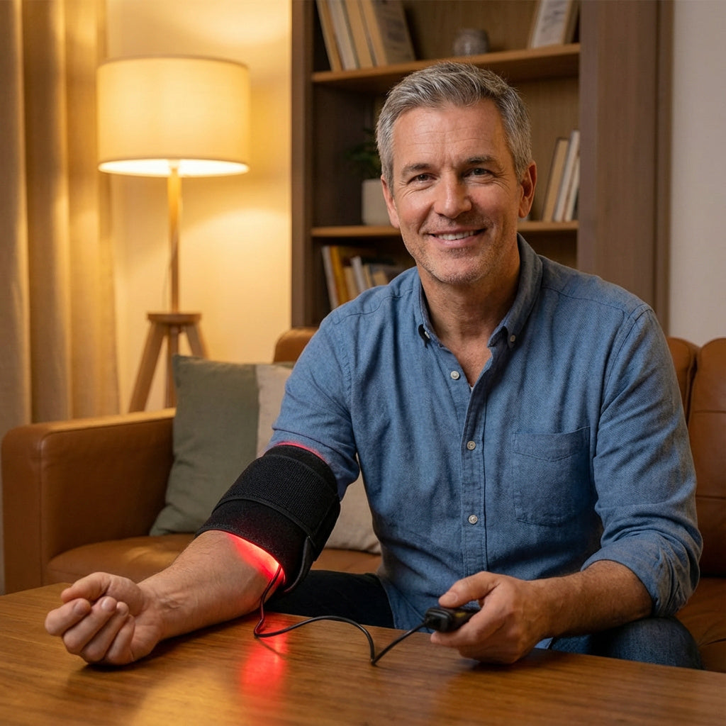 Elleboog- en gewrichtsondersteuning met dubbele rode en nabij-infrarode lichttherapie pad