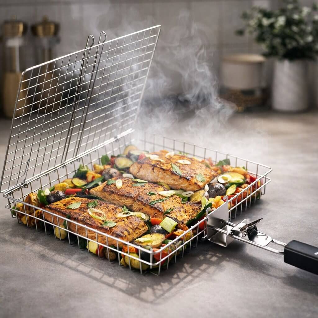 Grillmand voor vlees, vis & groenten | Grillaccessoires van roestvrij staal voor BBQ | FlammenWerk