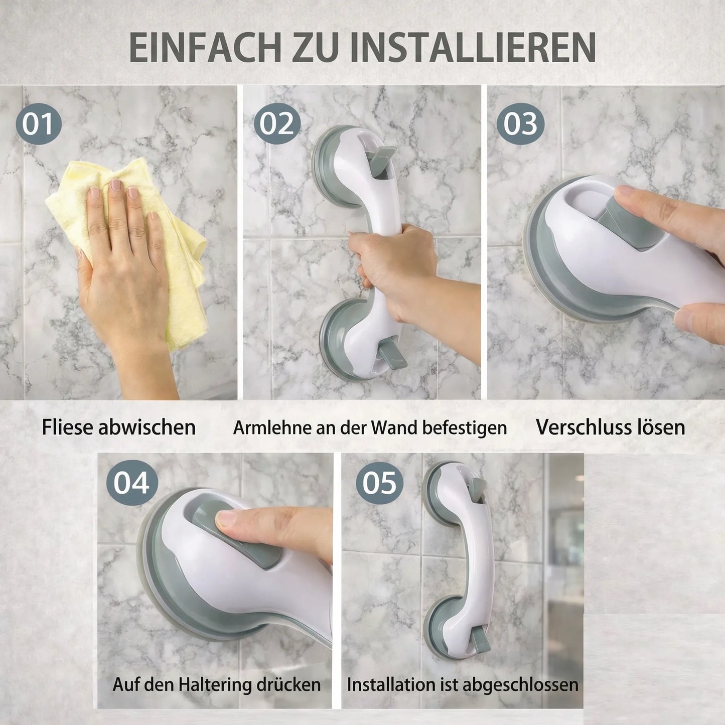 Handgreep voor douche, bad of toilet met zuignap | Badwandgreep voor senioren zonder boren | GripSicher