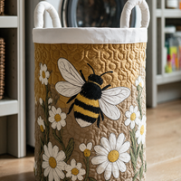 Vadderad wasmand met madeliefjes en bij, met handvatten van canvas, staat zelfstandig