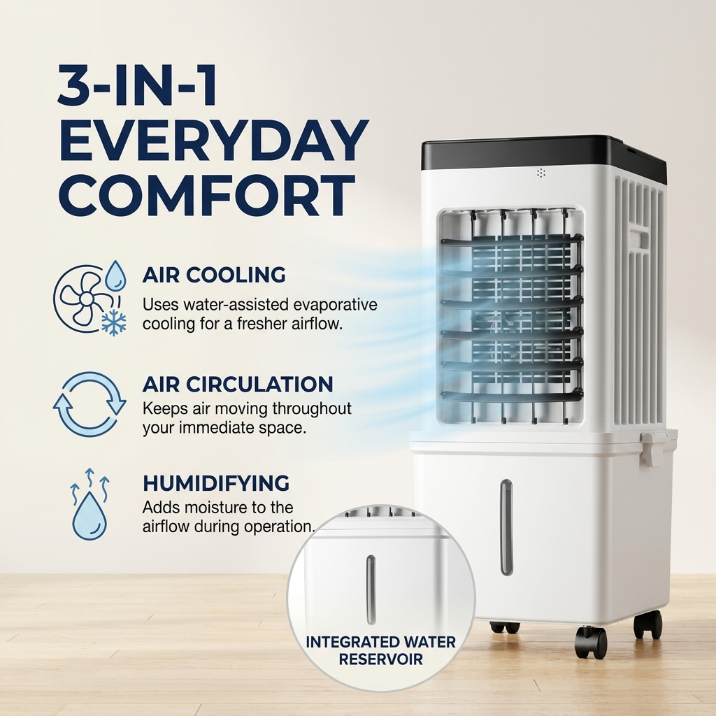 Mobiele Airconditioning – raamloze luchtkoeler met watertank en wielen