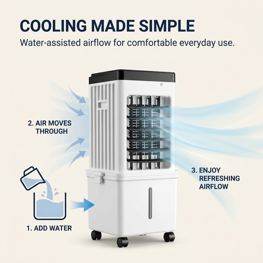 Mobiele Airconditioning – raamloze luchtkoeler met watertank en wielen