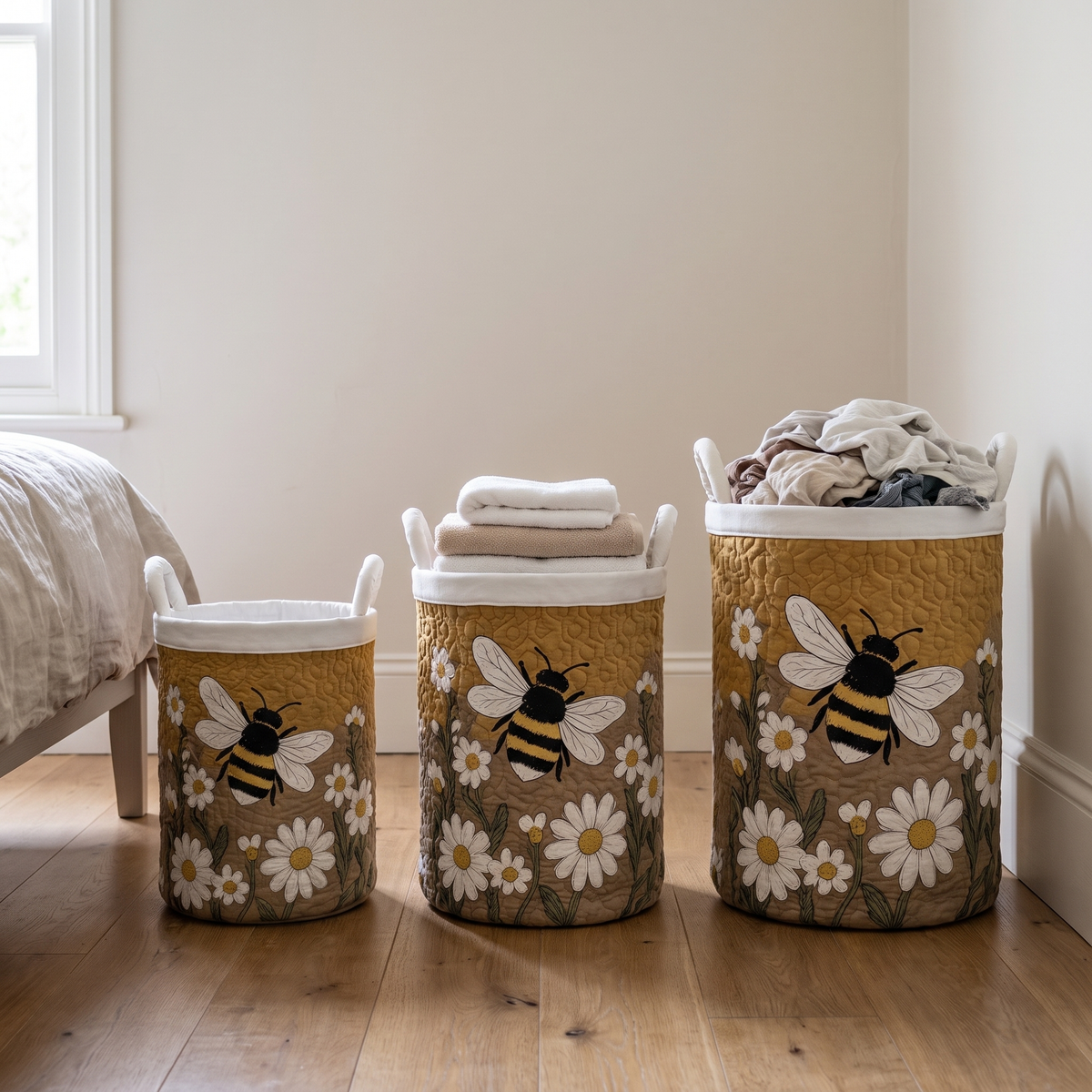 Vadderad wasmand met madeliefjes en bij, met handvatten van canvas, staat zelfstandig