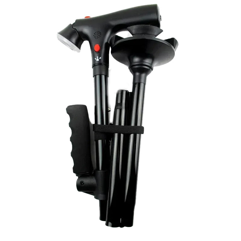 Opvouwbare wandelstok met dubbele handvatten, alarm & lamp