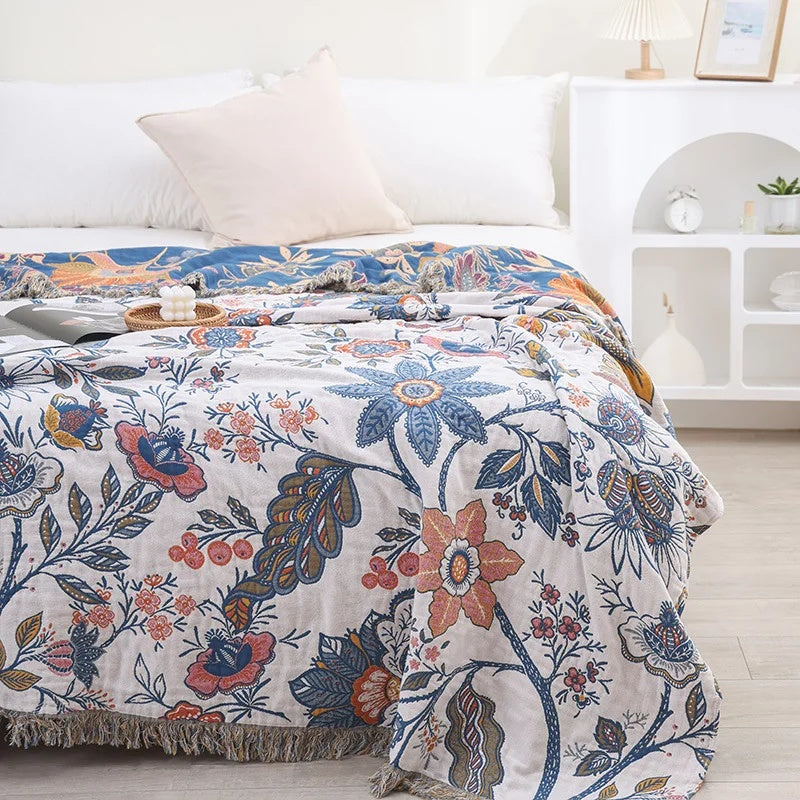 Rustieke Artistieke Flora Dekentje | 100% Bloemen Katoenen Dekentje