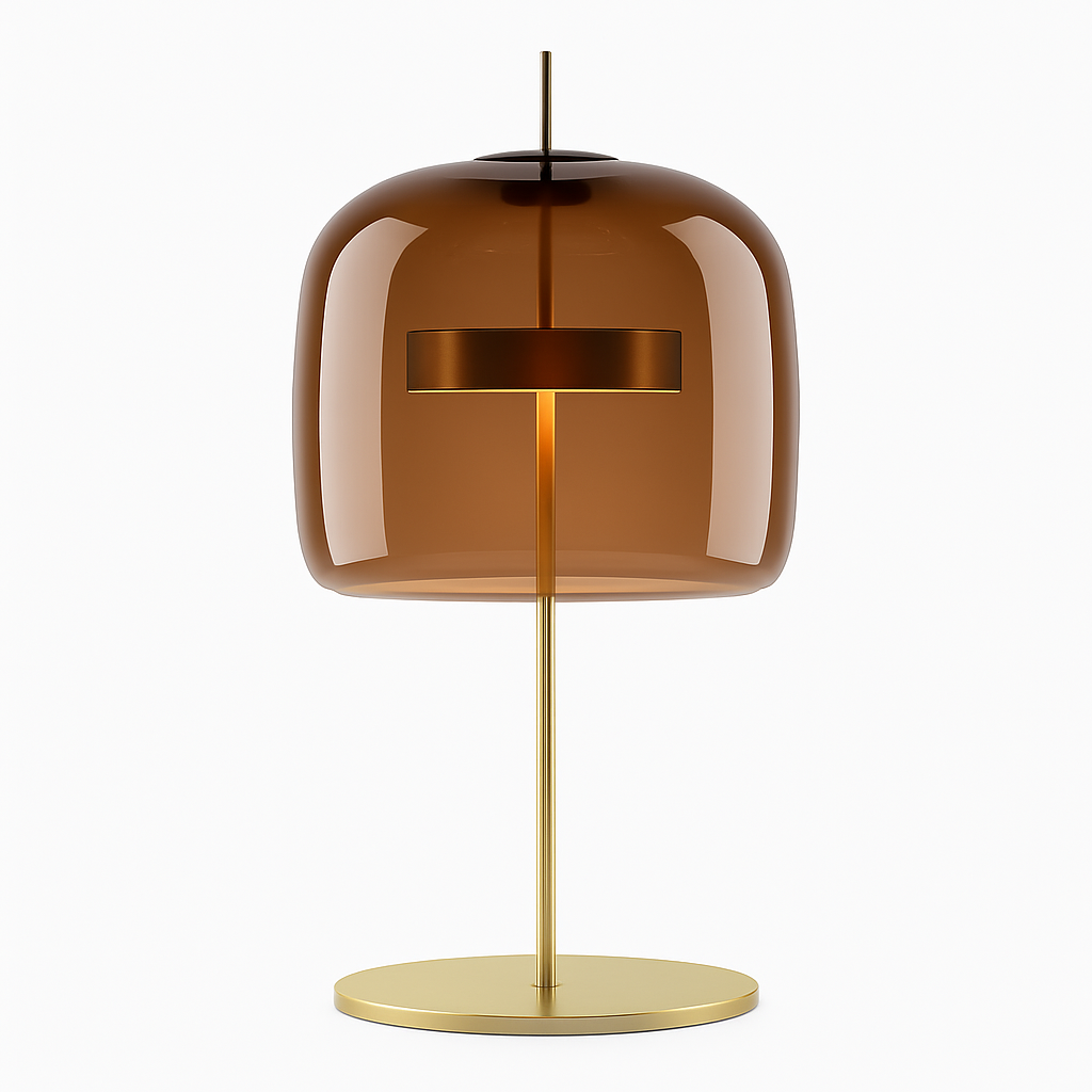 Design tafellamp met LED in goudkleurig metaal en retro glazen kap