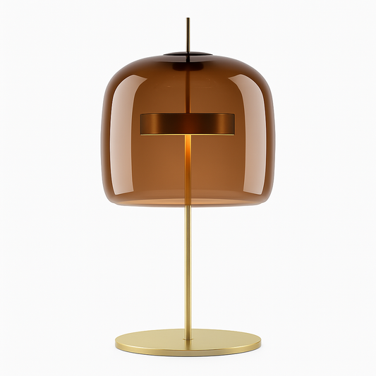 Design tafellamp met LED in goudkleurig metaal en retro glazen kap