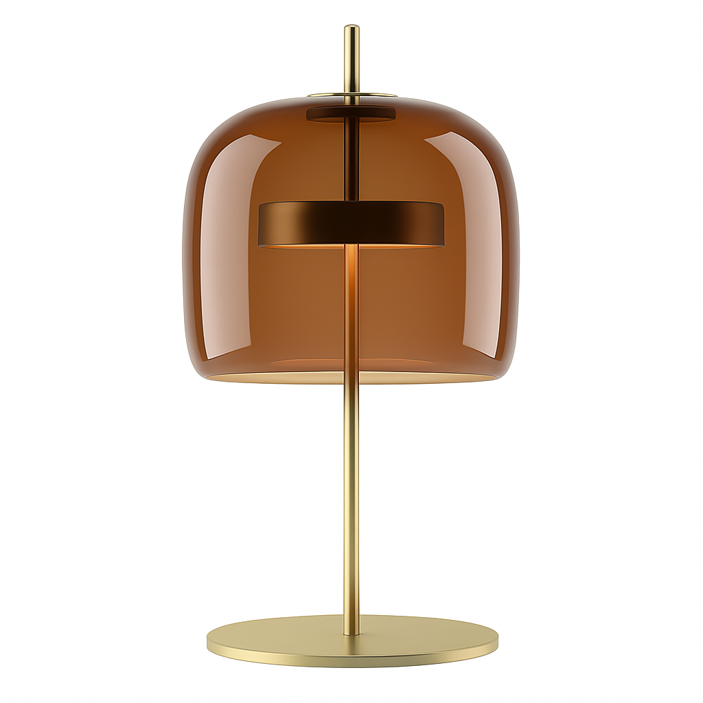 Design tafellamp met LED in goudkleurig metaal en retro glazen kap