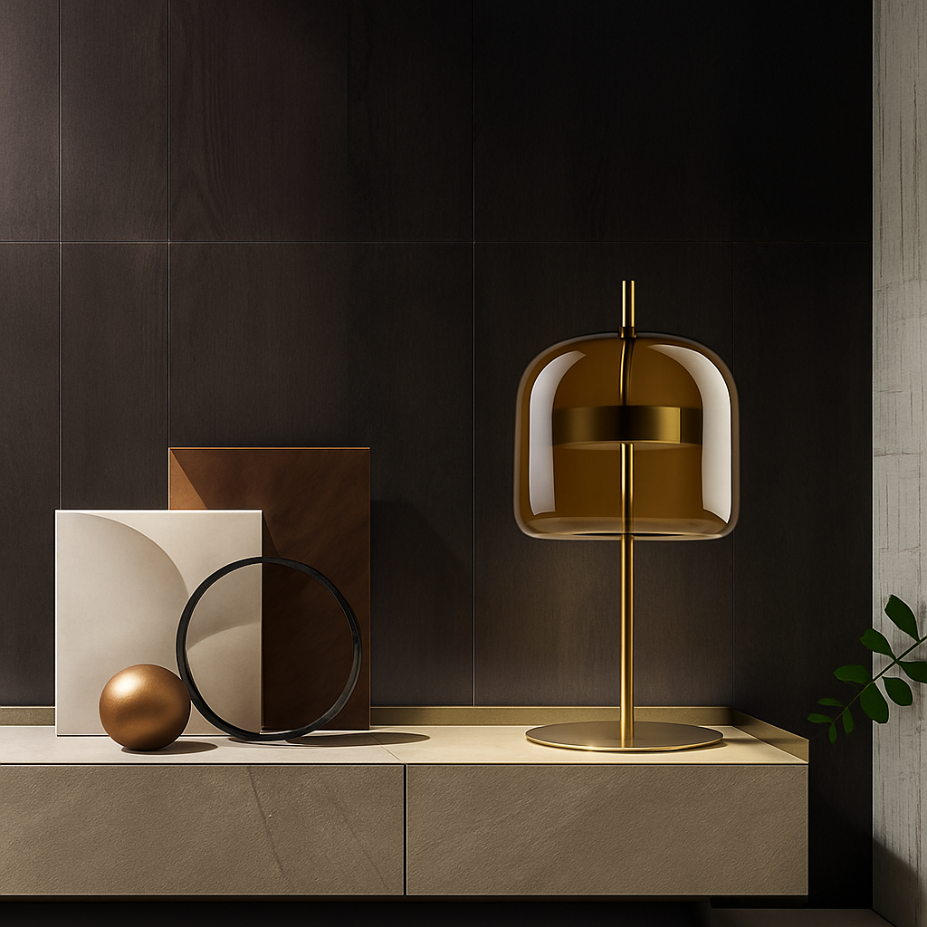 Design tafellamp met LED in goudkleurig metaal en retro glazen kap