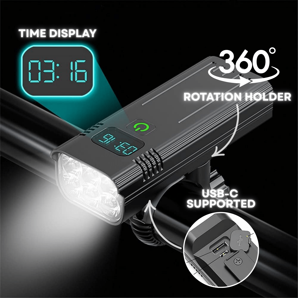 ROADGLOW X – 5000 Lumen Fietslamp met 12 LED's en oplaadbare USB-C-accu
