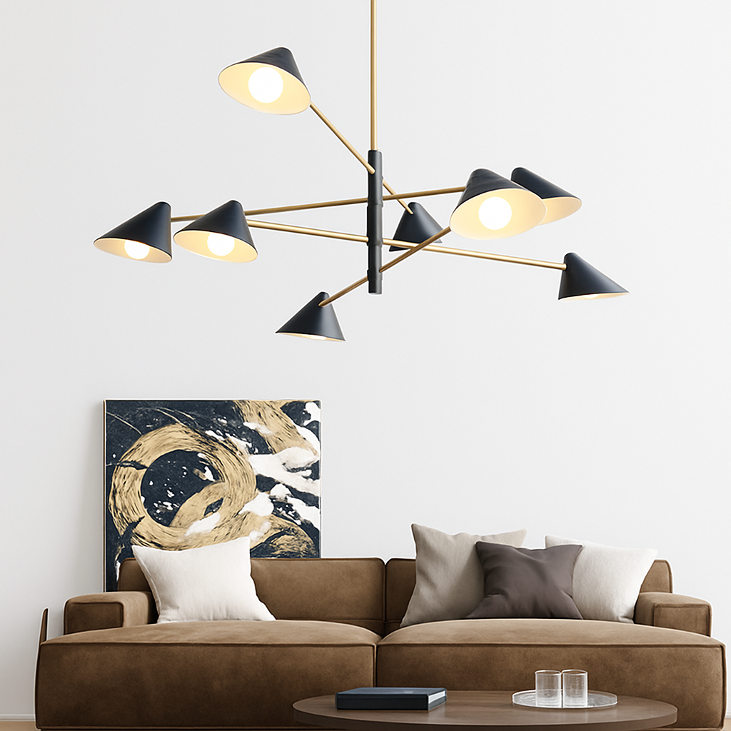 Lustre ontwerp met LED en meerdere driehoekige lampenkappen in Loft-stijl