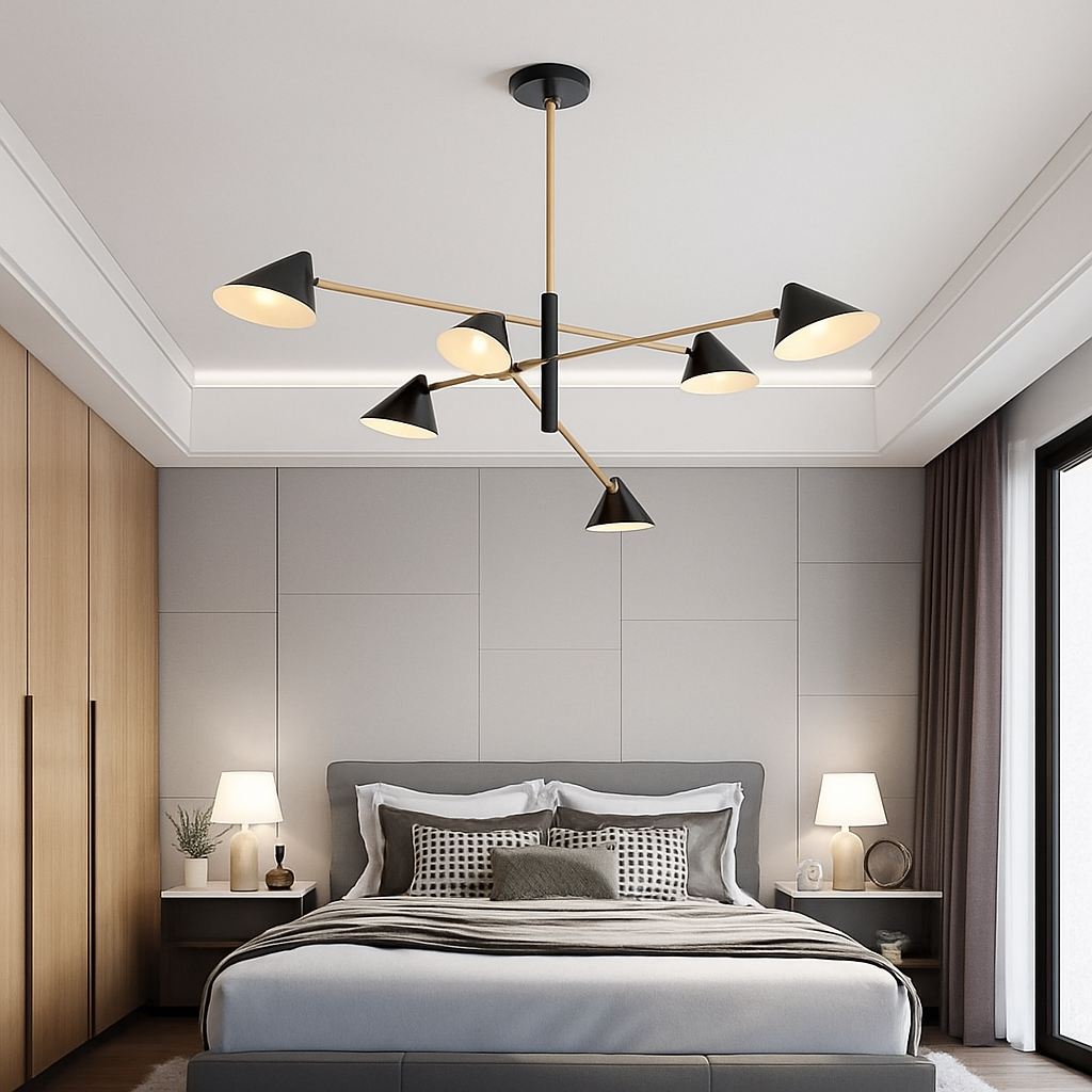 Lustre ontwerp met LED en meerdere driehoekige lampenkappen in Loft-stijl