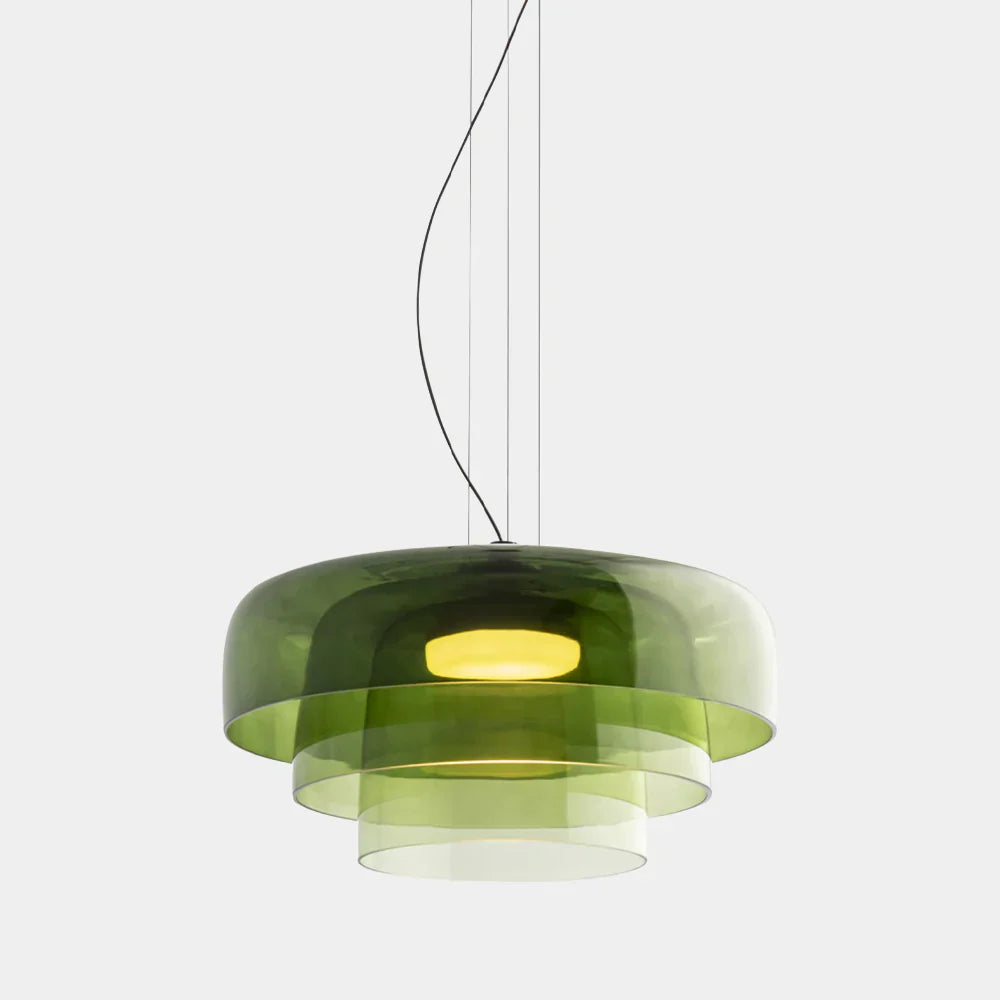 Moderne glazen hanglamp met gelaagd lampenkap – design geïnspireerd op retro stijl
