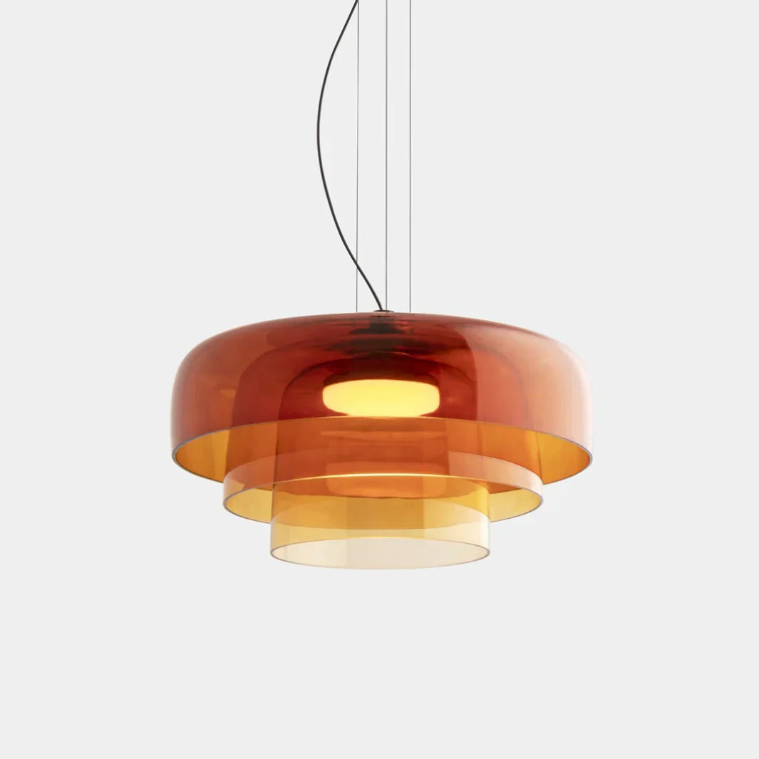 Moderne glazen hanglamp met gelaagd lampenkap – design geïnspireerd op retro stijl