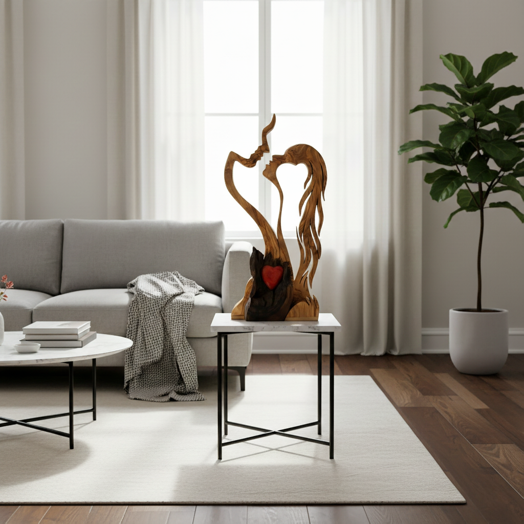Houten Paar Sculptuur – Abstract Ontwerp, Handgemaakte Uiterlijk & Woondecoratie