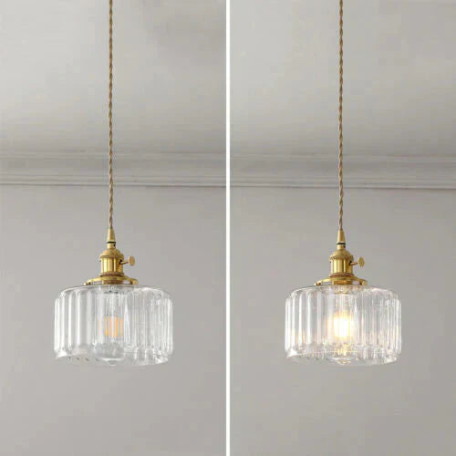 Vintage glazen hanglamp met gestreepte kap en gouden afwerking