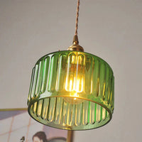 Vintage glazen hanglamp met gestreepte kap en gouden afwerking