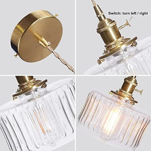 Vintage glazen hanglamp met gestreepte kap en gouden afwerking
