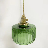 Vintage glazen hanglamp met gestreepte kap en gouden afwerking