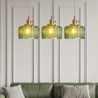 Vintage glazen hanglamp met gestreepte kap en gouden afwerking