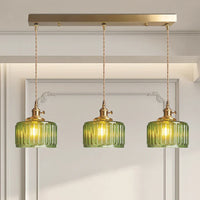 Vintage glazen hanglamp met gestreepte kap en gouden afwerking