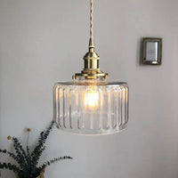 Vintage glazen hanglamp met gestreepte kap en gouden afwerking