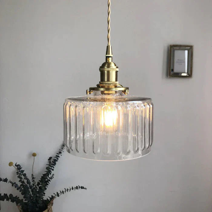 Vintage glazen hanglamp met gestreepte kap en gouden afwerking