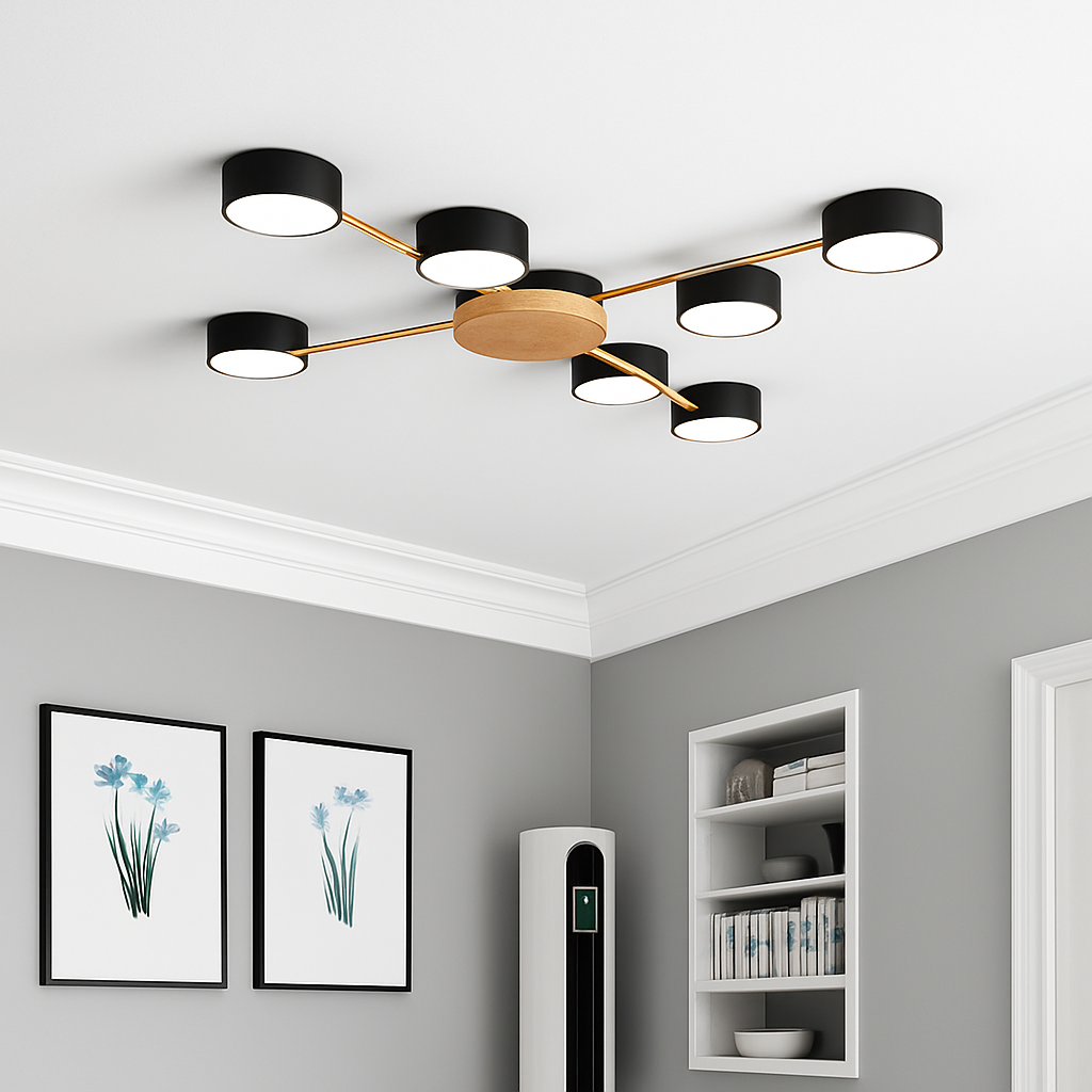 Plafonnier LED design in metaal en hout met meerdere ronde lampen Aibiou