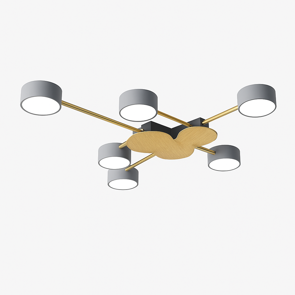Plafonnier LED design in metaal en hout met meerdere ronde lampen Aibiou
