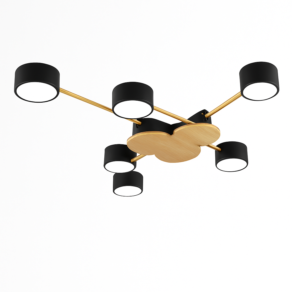 Plafonnier LED design in metaal en hout met meerdere ronde lampen Aibiou