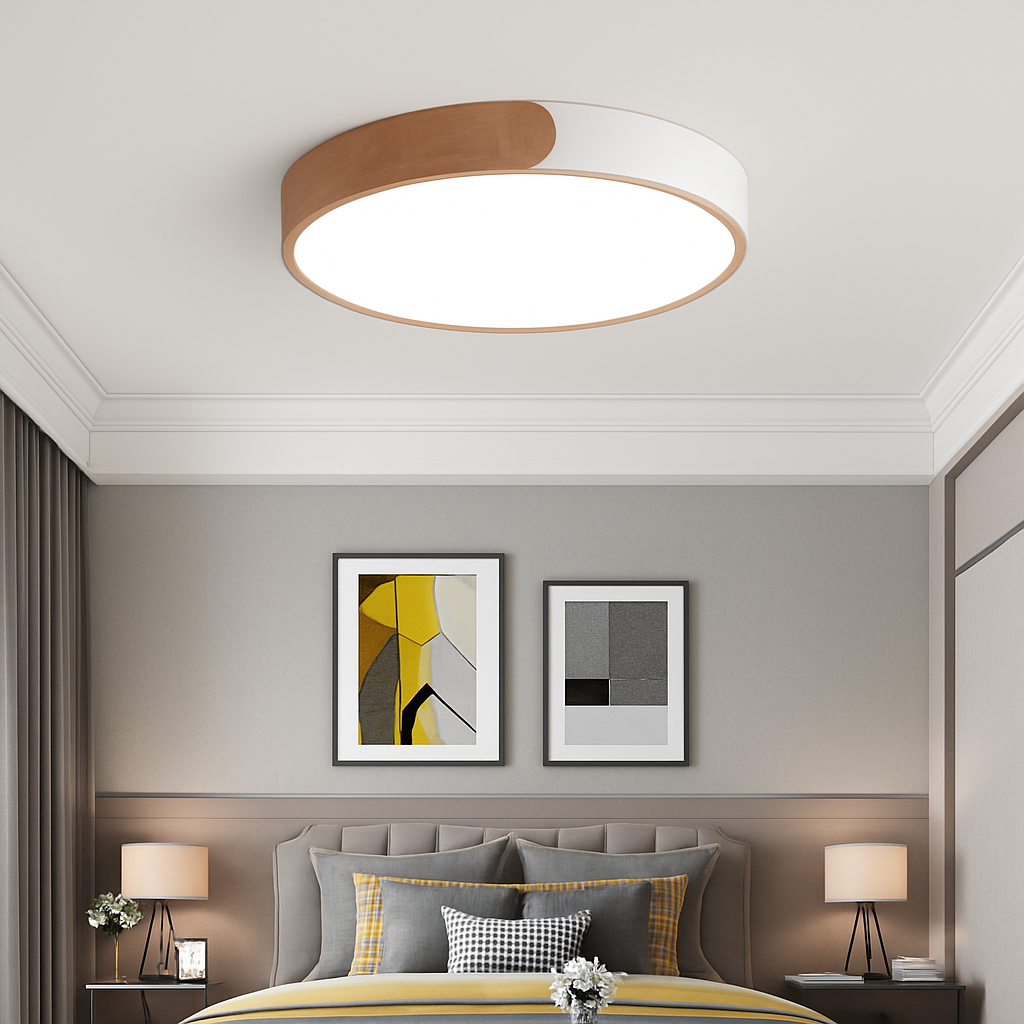 Ronde LED plafondlamp van metaal en gebogen hout Macaron