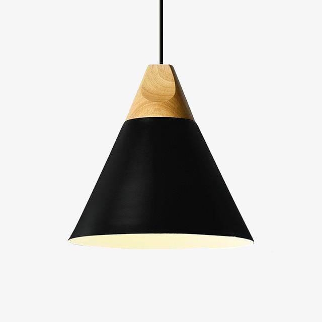Houten en aluminium hanglamp in de vorm van een kegel
